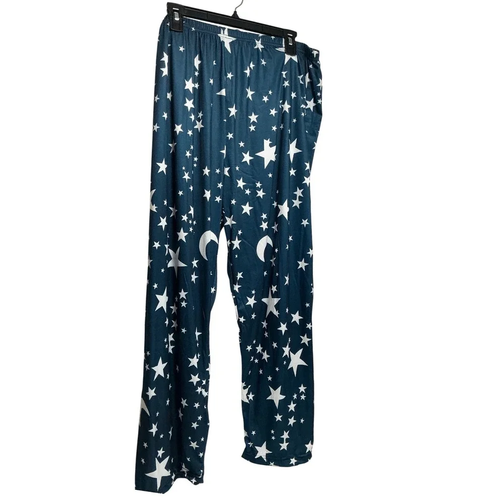 Celestial Star Moon Pajama Pants Teal Blue Drawstring Sleepwear Plus Size 3XL